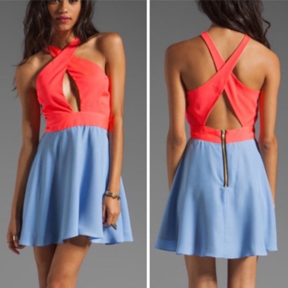 Naven 2 Tone Criss Cross Vixen Dress in Neon Salmon/Periwinkle - Picture 2 of 9